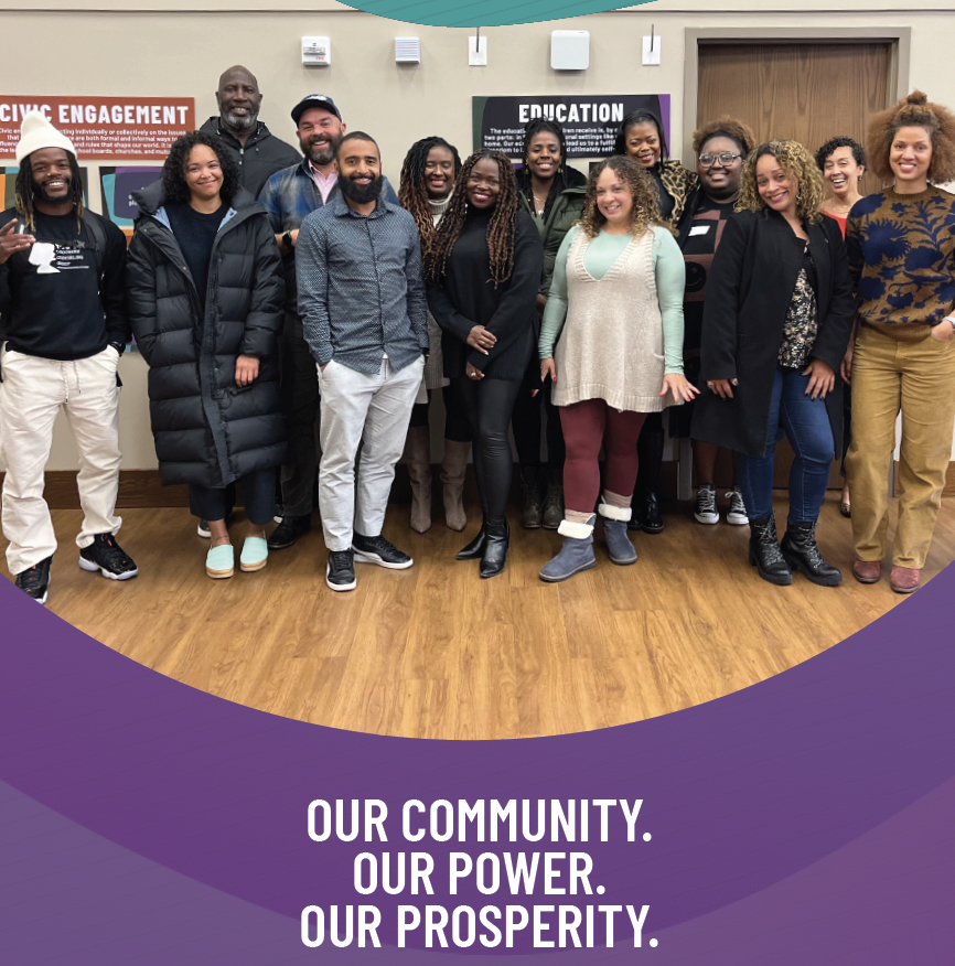 Listening tour report cover: people standing together with purple shapes and white text reading "Our community. Our power. Our prosperity."
