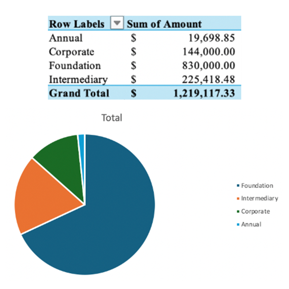 Pie chart showing types of funding: foundation, intermediary, corporate and annual