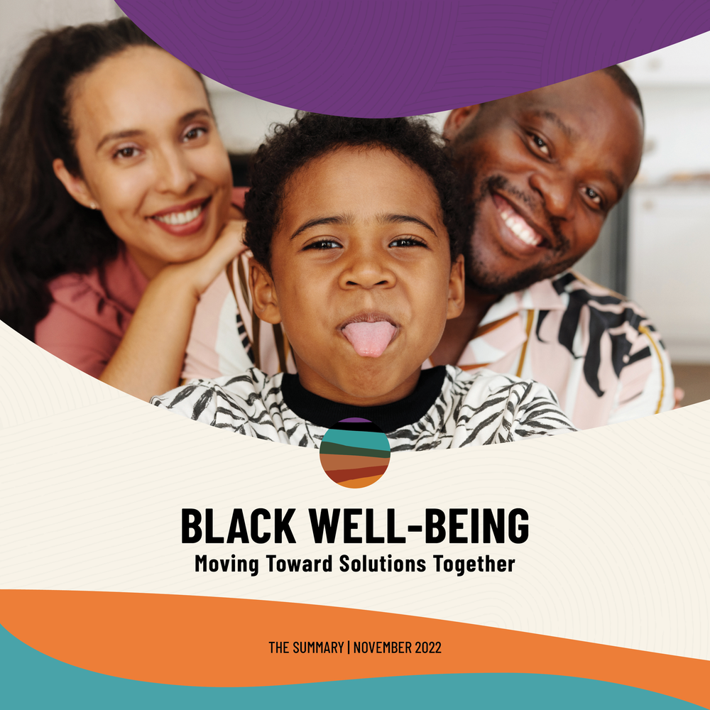 Cover of the Black Well-being report, with three smiling people featured